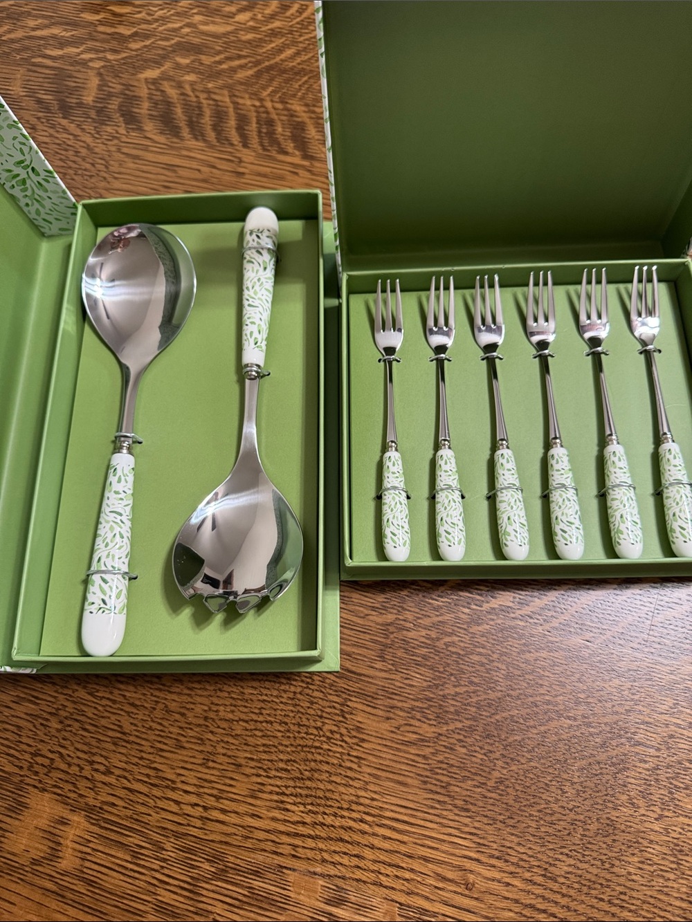 Grace Teaware Green Patterned Salad Serving Set with Forks - Home Dining NIB